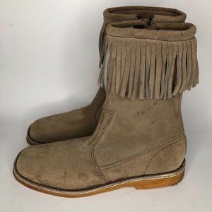 Vintage Thom Mcan 60's 70's Tan Suede Leather Western Fringe Moccasin Boots 8